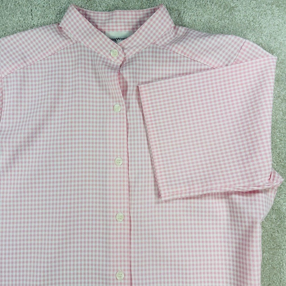 BonWorth Womens Pink Gingham Short Sleeve Button Front Blouse Floral Lace Small